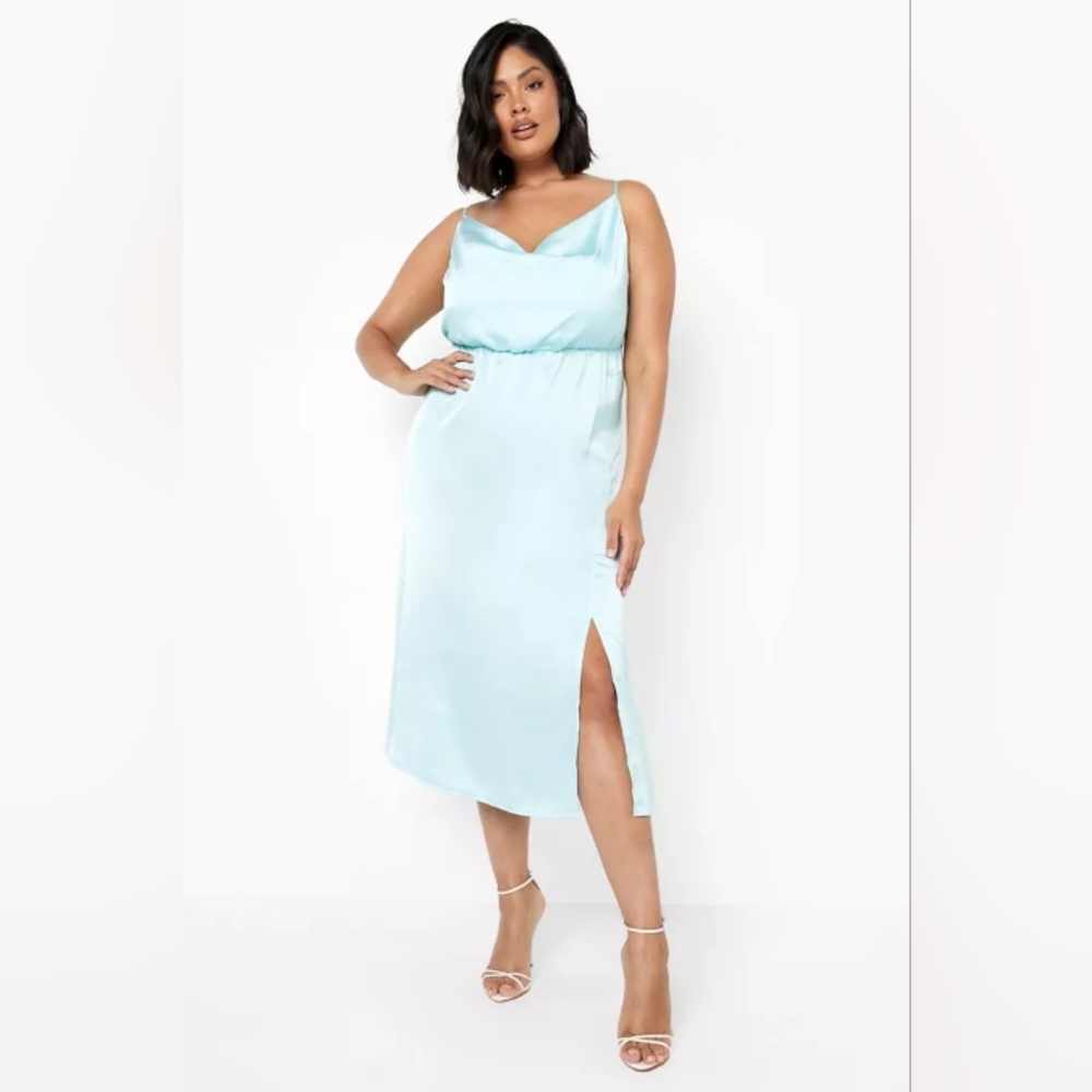BLUE PLUS SATIN SPLIT LEG COWL MIDI DRESS